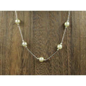 16" Sterling Silver Segmented Faux Cream Pearls Necklace Vintage Minimalist